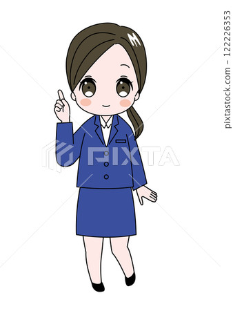 A woman smiling and explaining with a pointing pose - Full-body illustration of a cute woman in a suit 122226353