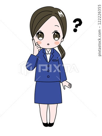 一個女人用手放在臉頰上思考，一個穿著可愛西裝的女人的全身插圖。 122226355