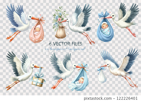 Set of Watercolor clip art stork bringing a newborn baby. Hand drawn childish illustration for nursery poster, baby shower, greeting card, invitation, tshirt, children room decor. 122226401