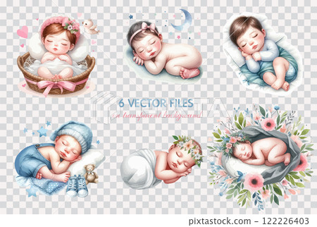 Set of Watercolor clip art newborn baby. Hand drawn childish illustration for nursery poster, baby shower, greeting card, invitation, tshirt, children room decor. 122226403