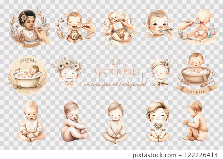 Set of Watercolor clip art newborn baby. Hand drawn childish illustration for nursery poster, baby shower, greeting card, invitation, tshirt, children room decor. 122226413