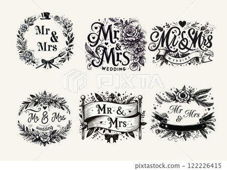 Set of Wedding marriage sign Mr and Mrs with ampersand and flourishes. Modern calligraphy for bride and groom. Wedding lettering design for cards, signs, decor, invitations etc. 122226415