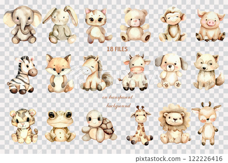 Set of Watercolor clip art wild animal. Hand drawn childish illustration for nursery poster, baby shower, greeting card, invitation, tshirt, children room decor. 122226416