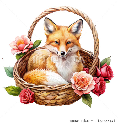 Golden fox rose basket Clipart Watercolor  122226431