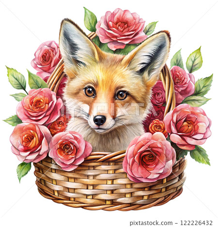Golden fox rose basket Clipart Watercolor  122226432