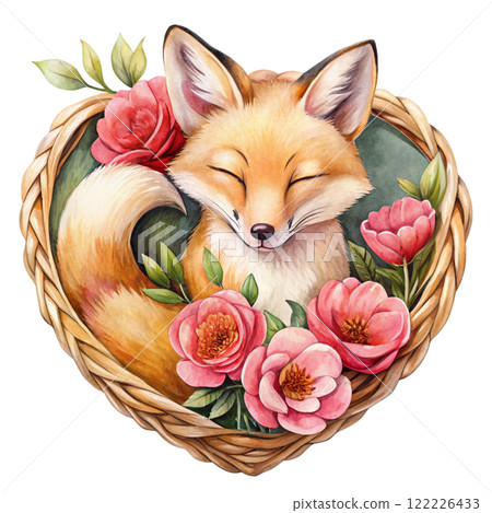 Golden fox rose basket Clipart Watercolor  122226433