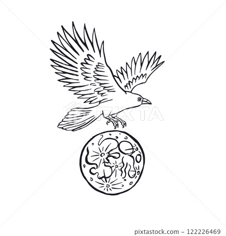 Mystic black and white bird flying in night sky with full moon Mystic black and white bird flying in night sky with full moon 122226469