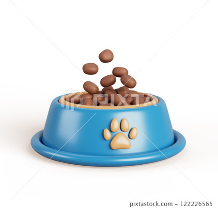 3d blue pet bowl with pile of dry feed and paw print render icon. Cartoon full food plate for dog or cat, plastic dish with treat for domestic animal isolated on white background. 3D illustration 122226565