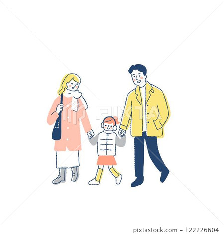 一家三口穿著冬衣散步 122226604