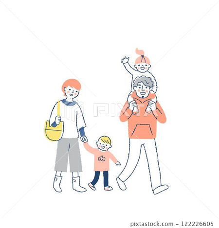 一家四口笑容滿面地走著 122226605