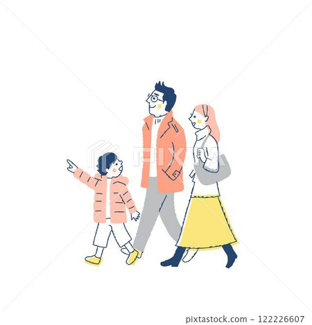 A family of three in winter clothes walking with smiles 122226607