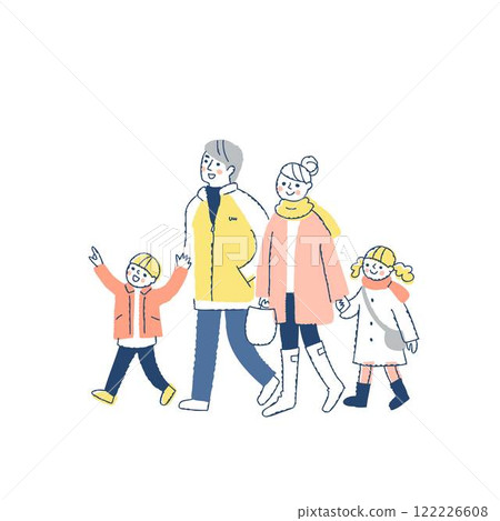 A family of four in winter clothes walking with smiles 122226608