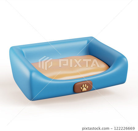 3d empty pet bed with paw print of dog or cat. Cartoon render icon of soft textile dog cushion or mattress with footprint label. Home cozy place for sleep and relax domestic animals. 3D illustration 122226669