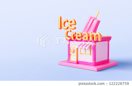 Ice cream shop isometric 3d banner. Render cartoon pink icecream store or cafe restaurant building exterior with entrance door, window, canopy and gold signboard on blue background. 3D illustration 122226739