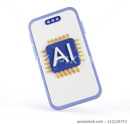 3d smartphone with ai chip icon on screen render. Mobile phone with artificial intelligence processor gpu for deep learning, analysis, computing, data transfer and storage interface. 3D illustration 122226753