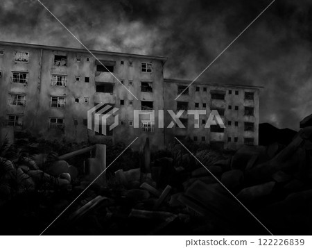 Gray mountains and old dilapidated abandoned housing complex Gray mountains and old dilapidated abandoned housing complex 122226839