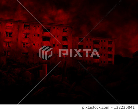 Red mountain and old dilapidated abandoned housing complex Red mountain and old dilapidated abandoned housing complex 122226841
