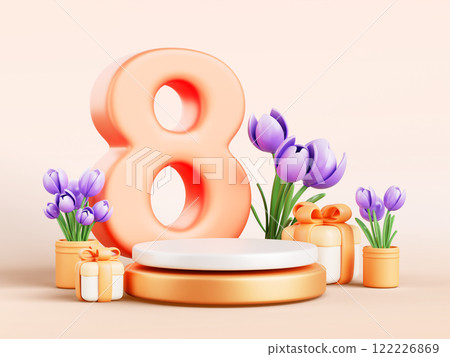 8 March podium. International Women Day background for spring sale with tulip flowers, gift boxes and number eight. Greeting 3d platform for product. Holiday discount for celebration. 3D illustration 122226869