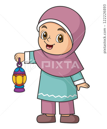 Happy Young Muslim Girl with Ramadan Lantern in Hand of illustration 122226893