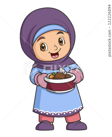 Happy Young Muslim Girl carrying food of illustration 122226894