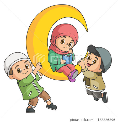cute Muslim kids on crescent moon at Ramadan month of illustration cute Muslim kids on crescent moon at Ramadan month of illustration 122226896