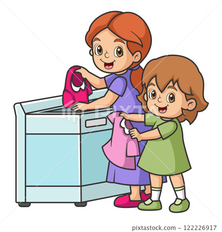 Mother and daughter loading dresses in washing machine of illustration 122226917