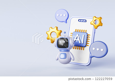 Chatbot technology 3d banner. Mobile phone with ai chip icon on screen, robot, speech bubble, gears render. Online chat bot service with artificial intelligence GPT, support assistant. 3D illustration Chatbot technology 3d banner. Mobile phone with ai chip icon on screen, robot, speech bubble, gears render. Online chat bot service with artificial intelligence GPT, support assistant. 3D illustration 122227059