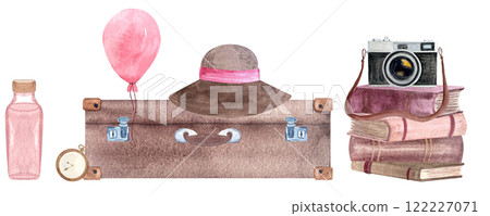Suitcase, camera, stack of books, sun hat, watercolor composition isolated on white. Hand drawn high quality illustration for stationary, tourism souvenir decor and design. Vintage travel clip art 122227071