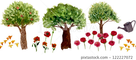 Trees, flowers, mushrooms, watering pot seamless border isolated on white. Watercolor sketch illustrations great for tote bag, tape, textile and stationary design. A girl favorite things clip art 122227072