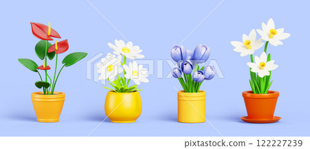 3d set of flowerpots isolated on blue background render. Anturium, daisy, tulip, daffodil. House plants with green leaf and color blossom, flower shop or home interior design elements. 3D illustration 122227239
