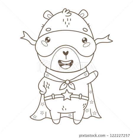 Outline cartoon Capybara Superhero in mask and star cloak. Funny kawaii character animal. Line drawing, coloring book. Vector illustration. Kids collection 122227257