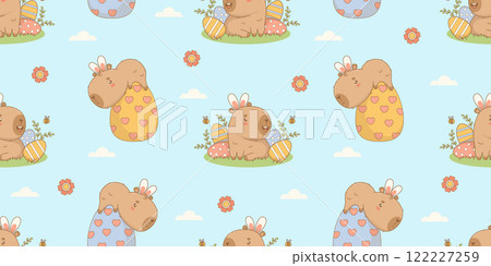 Easter Seamless pattern. Funny cute capybara in bunny ears with paschal decoration eggs on blue background with flowers. Holiday cartoon kawaii animal. Horizontal Vector illustration. Kids collection Easter Seamless pattern. Funny cute capybara in bunny ears with paschal decoration eggs on blue background with flowers. Holiday cartoon kawaii animal. Horizontal Vector illustration. Kids collection 122227259