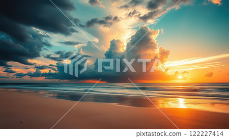 Tranquil sunrise beach, vibrant sky, gentle shore waves. AI Generated 122227414