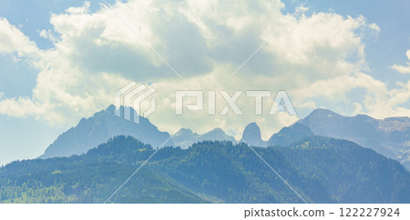 Wonderful wooded mountain and alpine panorama in Pongau Salzburg Austria. Wonderful wooded mountain and alpine panorama in Pongau Salzburg Austria. 122227924