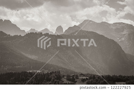 Wonderful wooded mountain and alpine panorama in Pongau Salzburg Austria. Wonderful wooded mountain and alpine panorama in Pongau Salzburg Austria. 122227925