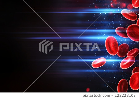 Abstract illustration of red blood cells highlighting diabetes awareness and insulin molecules with blue light effects 122228102