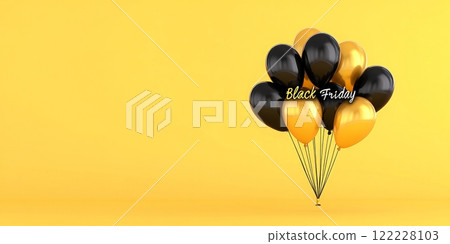 Black and gold balloons float on a bright yellow background for a festive Black Friday celebration 122228103