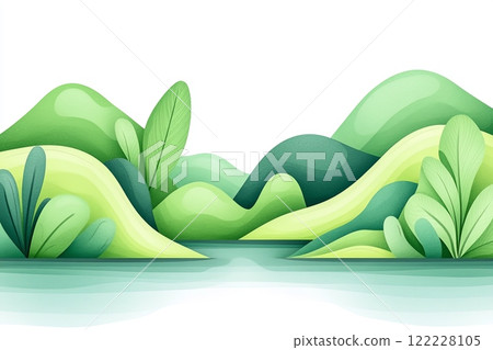 Tranquil lake surrounded by rolling green hills in soft pastel tones at sunrise with gentle ripples on the water 122228105