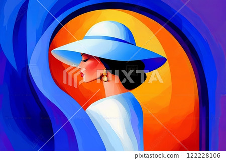 Elegant woman in a wide-brimmed hat adorned... - Stock Illustration ...