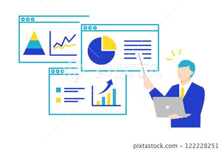 Flat design illustration of business presentation explaining data analysis and strategy Flat design illustration of business presentation explaining data analysis and strategy 122228251