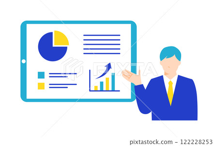 Flat design illustration of business presentation showing data analysis and growth strategy 122228253