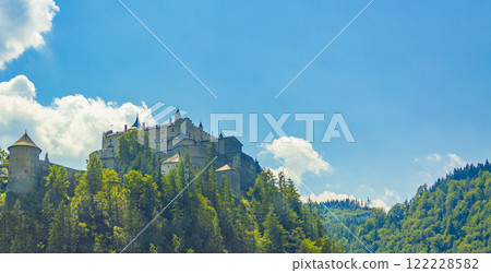 Castle Hohenwerfen chateau fortress on mountain in Werfen Salzburg Austria. Castle Hohenwerfen chateau fortress on mountain in Werfen Salzburg Austria. 122228582