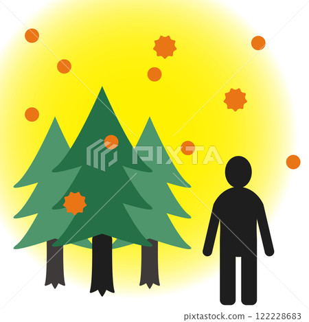 Illustration of a pollen-spraying cedar and cypress tree and a human, white background 122228683