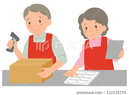 Senior men and women in aprons working in a warehouse 122228779