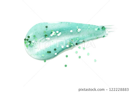 Green glitter gel smear with sparkling particles on white background Green glitter gel smear with sparkling particles on white background 122228883