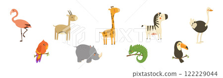 Funny African Animal and Wild Fauna Vector Set. Wildlife and Exotic Zoo Mammal of Savannah 122229044