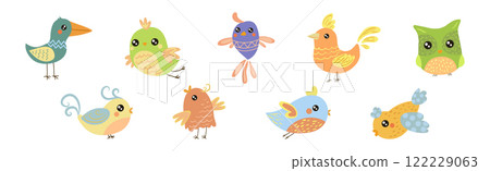 Cute Little Bird with Tail and Wing Vector Set 122229063