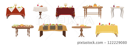 Served Table with Plating and Meal Setting Vector Set Served Table with Plating and Meal Setting Vector Set 122229080