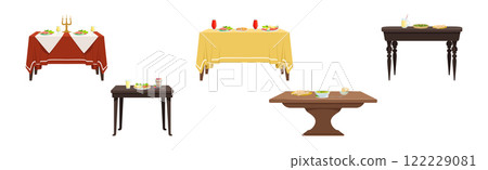 Served Table with Plating and Meal Setting Vector Set Served Table with Plating and Meal Setting Vector Set 122229081