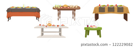 Served Table with Plating and Meal Setting Vector Set Served Table with Plating and Meal Setting Vector Set 122229082
